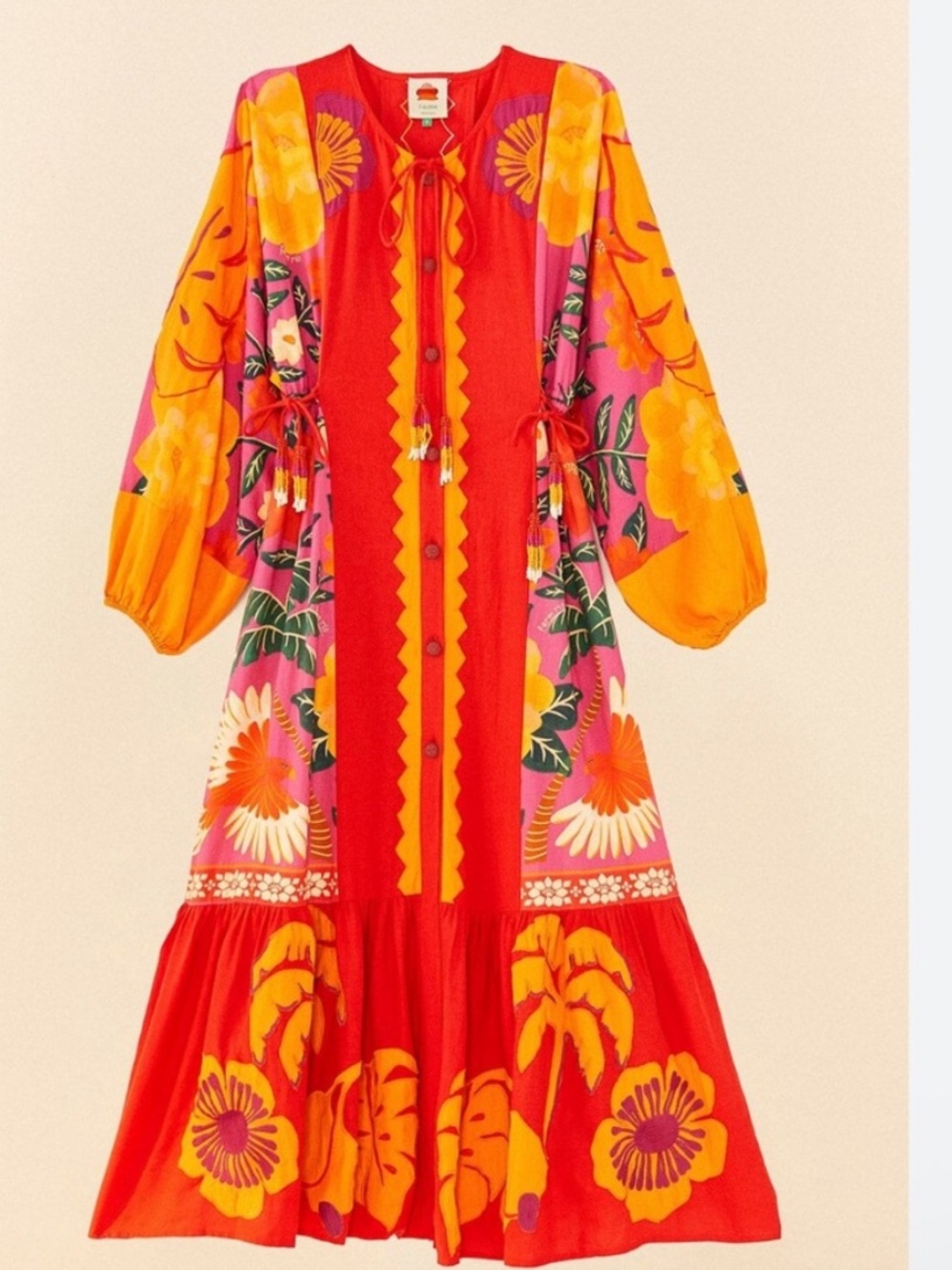 FARM Rio Sunset Patchwork Maxi Dress Patchwork Red Pink Orange Size Small
